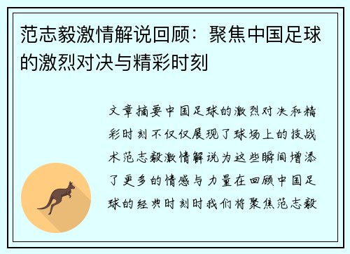 范志毅激情解说回顾：聚焦中国足球的激烈对决与精彩时刻