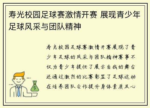 寿光校园足球赛激情开赛 展现青少年足球风采与团队精神