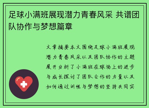 足球小满班展现潜力青春风采 共谱团队协作与梦想篇章