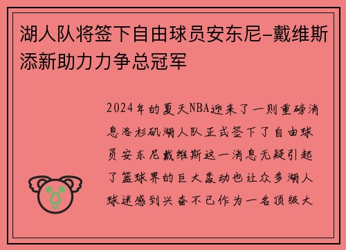 湖人队将签下自由球员安东尼-戴维斯添新助力力争总冠军