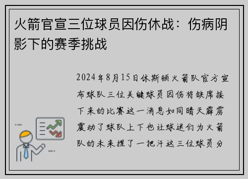 火箭官宣三位球员因伤休战：伤病阴影下的赛季挑战