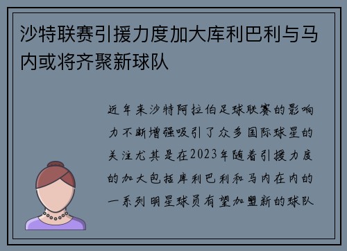 沙特联赛引援力度加大库利巴利与马内或将齐聚新球队