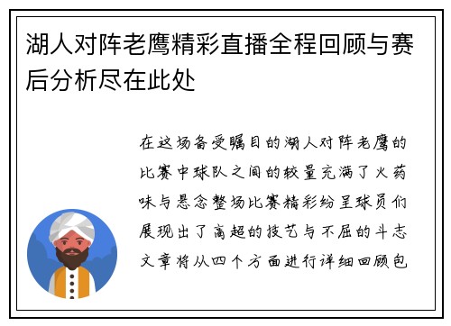 湖人对阵老鹰精彩直播全程回顾与赛后分析尽在此处