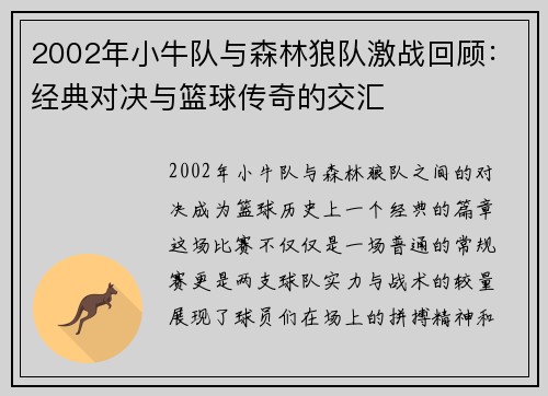 2002年小牛队与森林狼队激战回顾：经典对决与篮球传奇的交汇