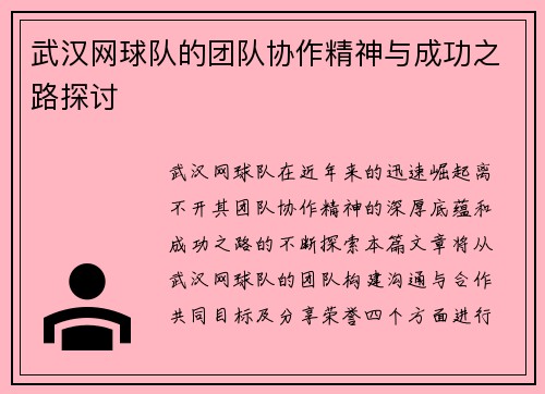 武汉网球队的团队协作精神与成功之路探讨