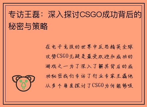 专访王磊：深入探讨CSGO成功背后的秘密与策略