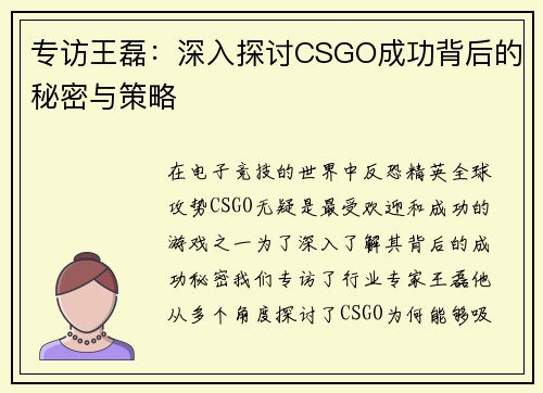 专访王磊：深入探讨CSGO成功背后的秘密与策略