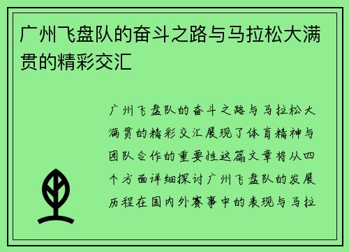 广州飞盘队的奋斗之路与马拉松大满贯的精彩交汇